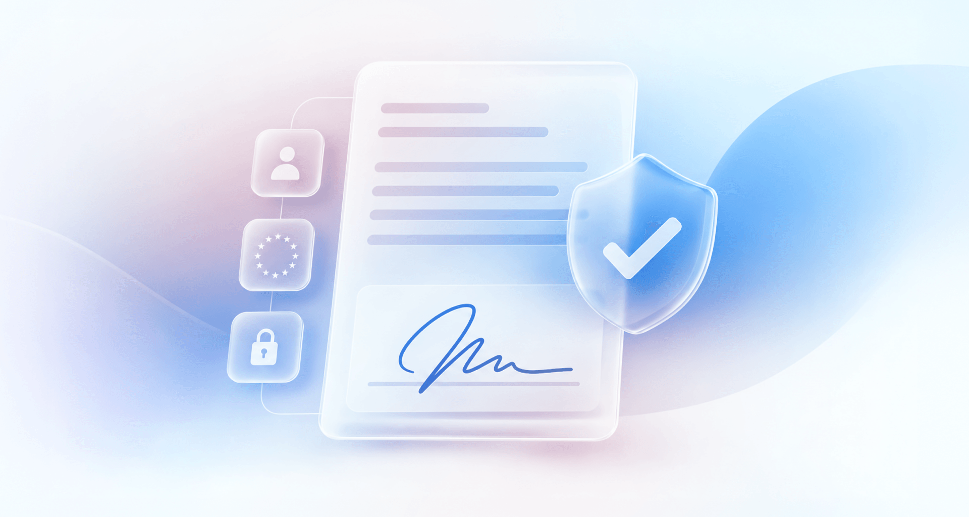 Illustration of a qualified electronic signature showing a signed digital document, EU identity verification, a security lock, and a shield with a checkmark.
