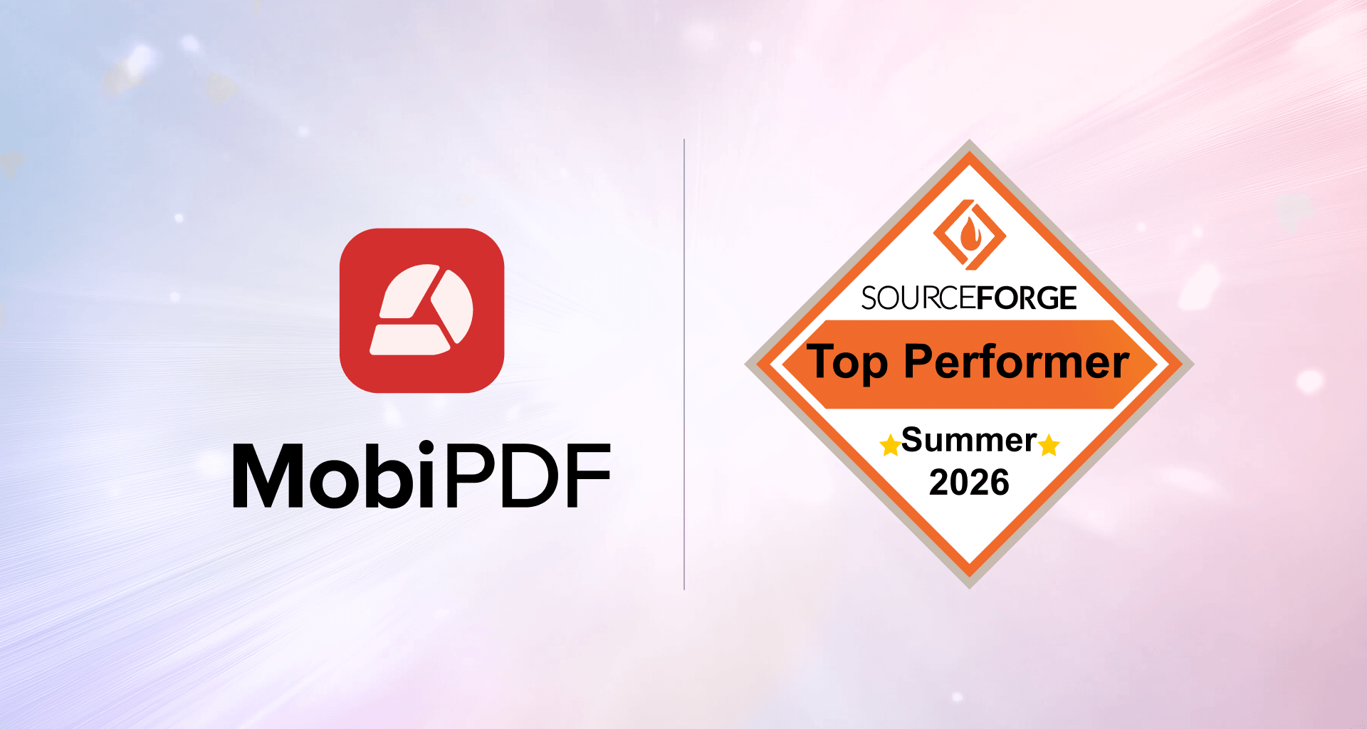 MobiPDF logo alongside the SourceForge Top Performer Summer 2026 award badge.