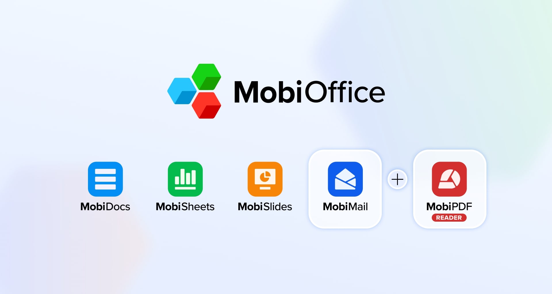 MobiOffice logo with icons for MobiDocs, MobiSheets, MobiSlides, MobiMail, and MobiPDF Reader on a light background.
