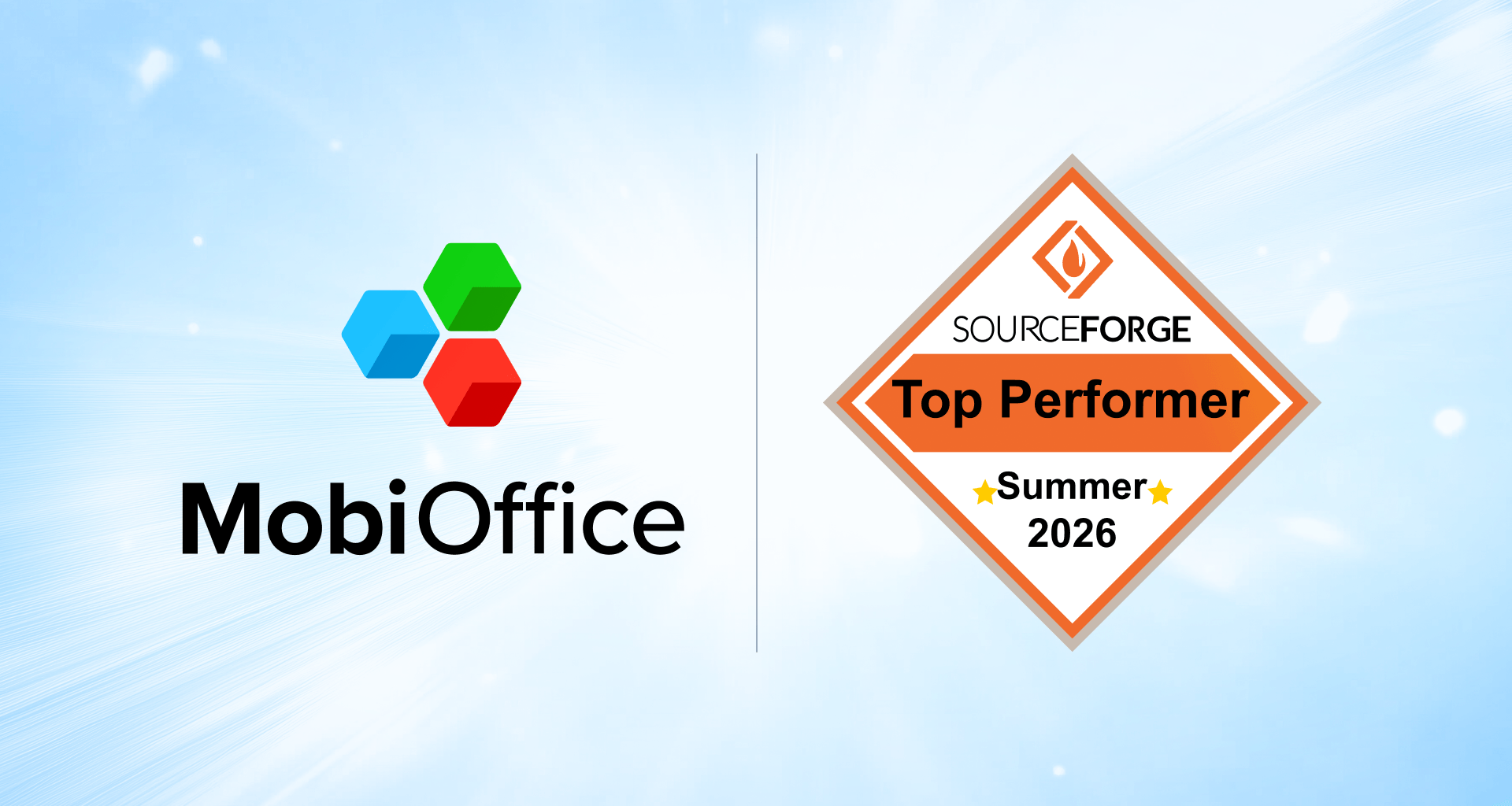 MobiOffice logo alongside the SourceForge Top Performer Summer 2026 award badge.