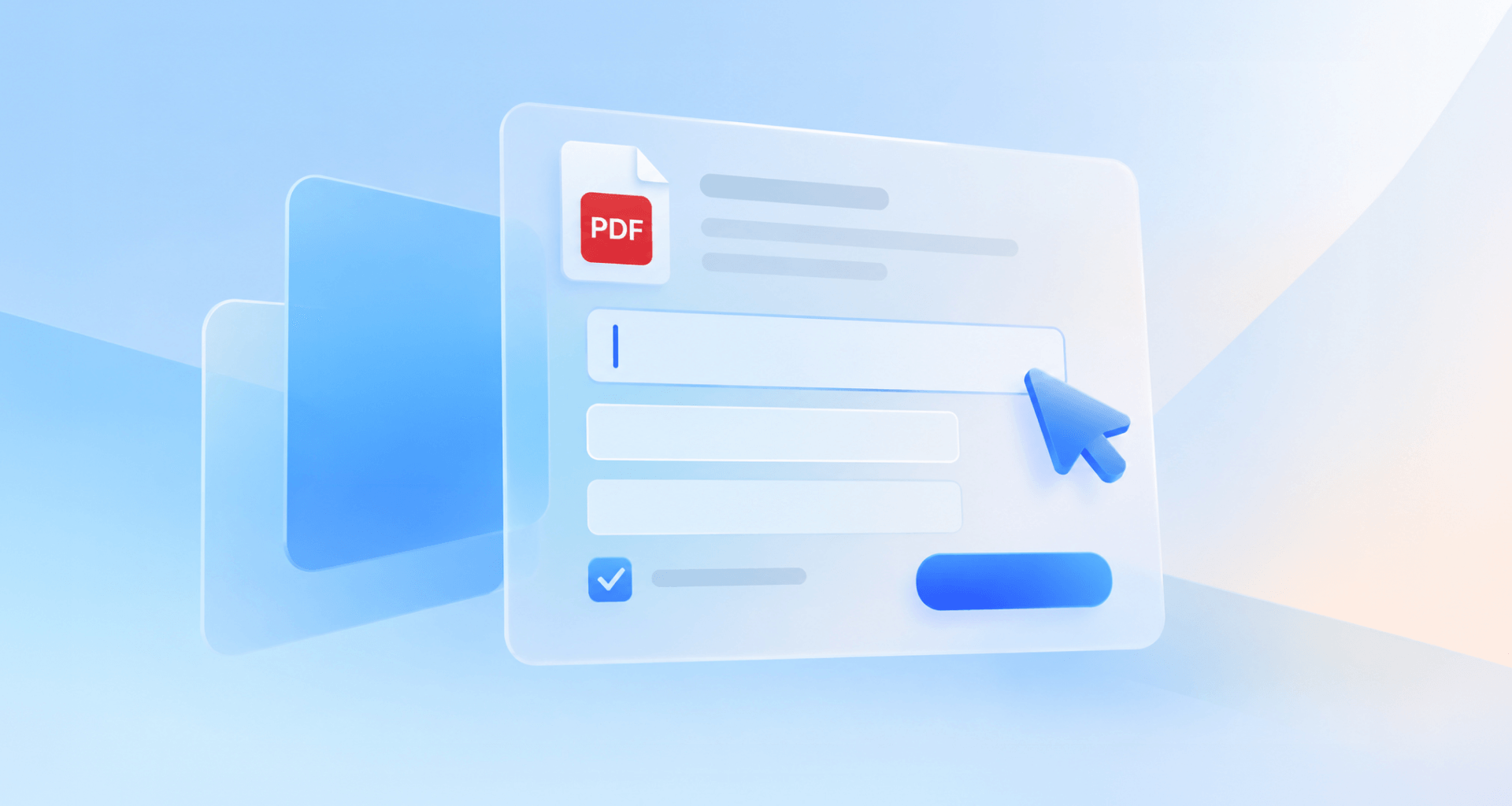 Illustration of filling out a PDF form on Windows, showing editable text fields, a checkbox, and a cursor.