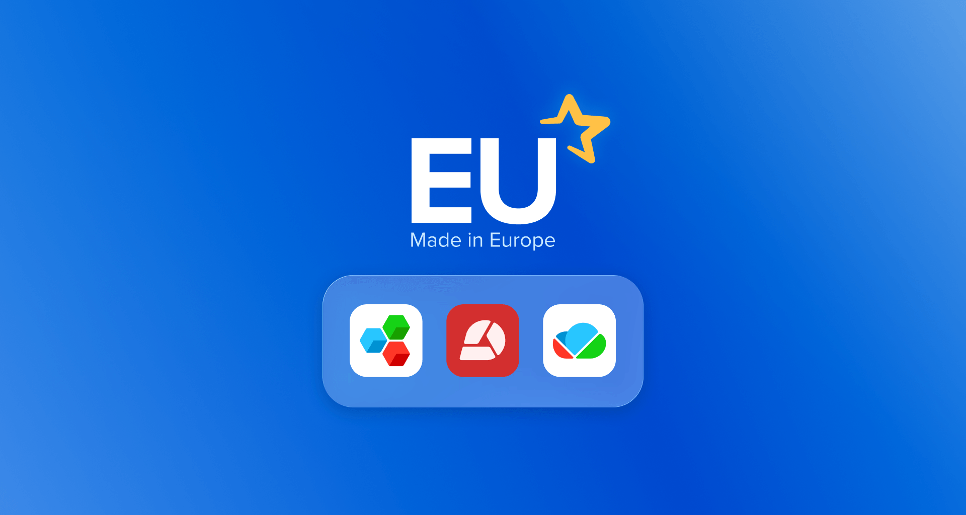 Illustration of European-made software products featuring the EU Made in Europe symbol alongside MobiSystems app icons on a blue background