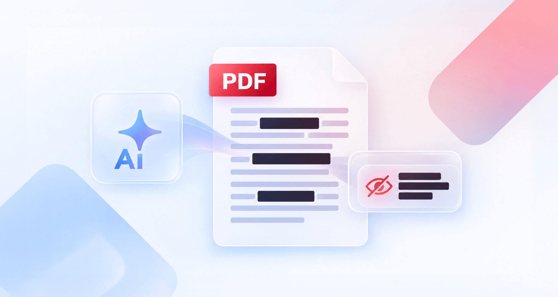 AI-assisted PDF redaction illustration showing sensitive information permanently blacked out in a document, with AI and privacy icons.