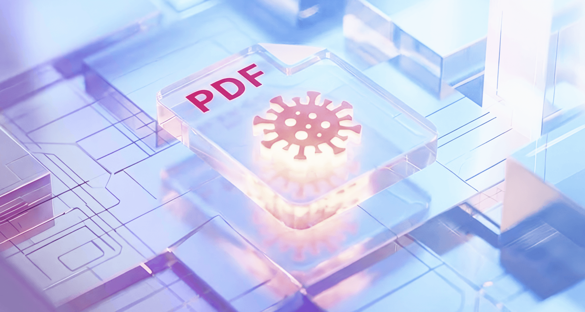 Illustration of a PDF file icon with a virus symbol representing potential malware or security risks in PDF documents