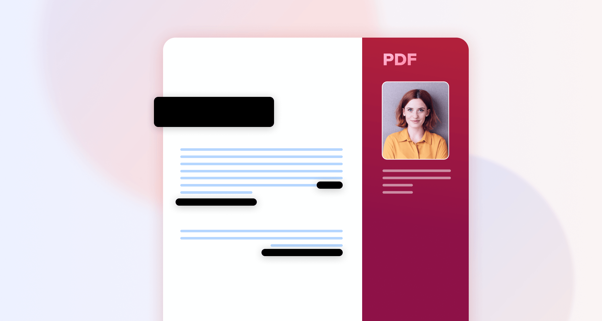 Illustration of a PDF document with blacked-out sections and personal information hidden, representing the process of redacting sensitive content from a PDF file