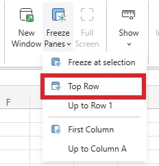 Excel dropdown menu from 'Freeze Panes' showing 'Top Row' option highlighted.