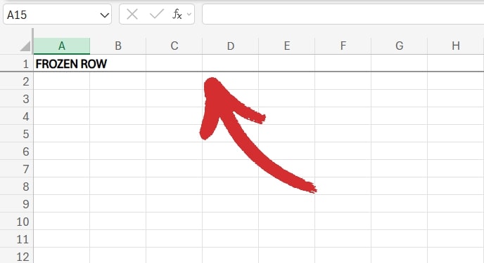 Excel spreadsheet showing a frozen top row labeled "FROZEN ROW", indicated by a red arrow.