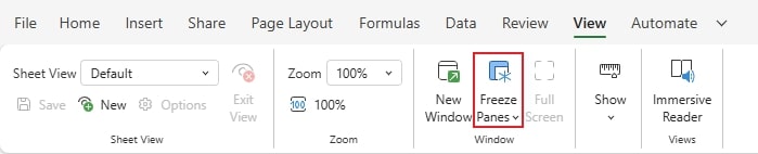Excel 'View' tab with the 'Freeze Panes' button highlighted.