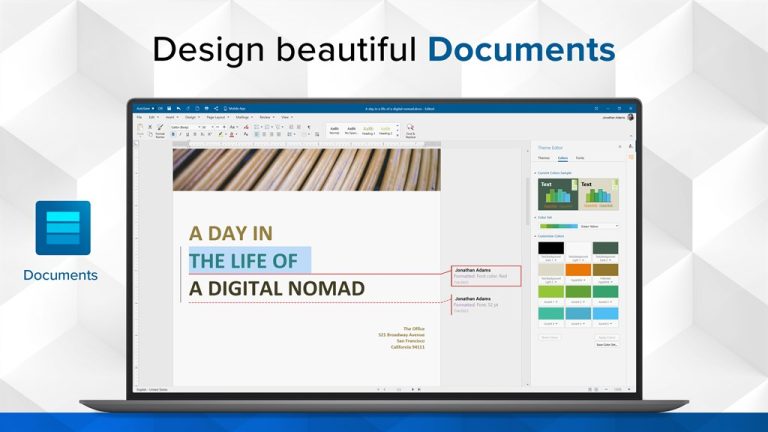MobiOffice Documents software interface showing document design with 'A Day in the Life of a Digital Nomad' template and color palette options.